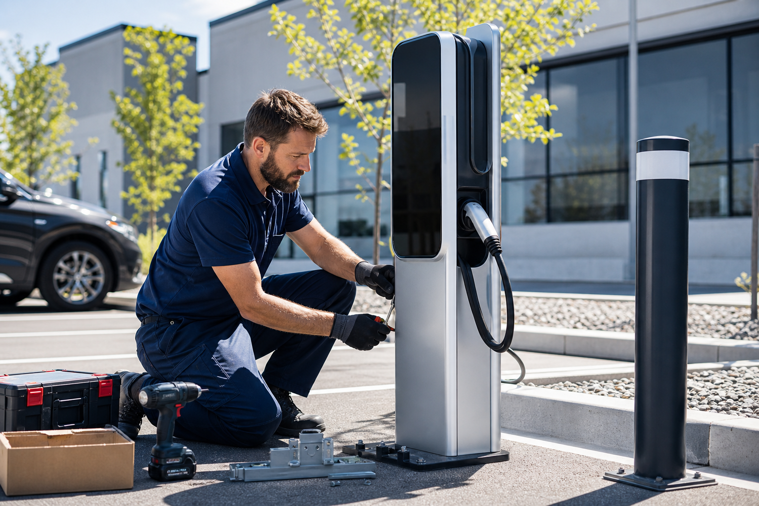 Instalador montando totem e pedestal para carregador EV