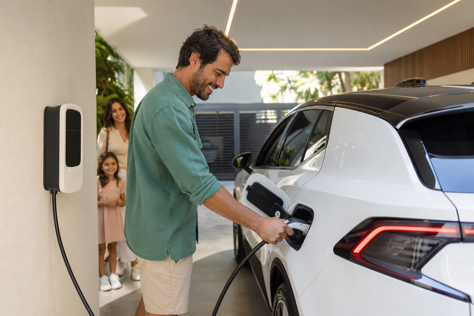 Família carregando carro elétrico com Wallbox residencial
